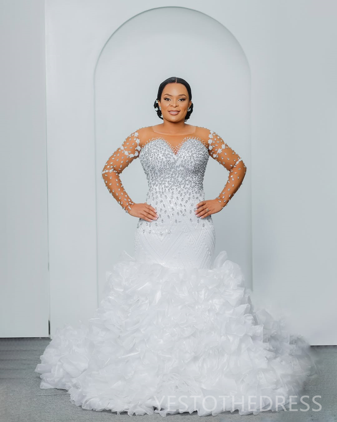 Arabic Aso Ebi Plus Size Off White Mermaid Wedding Dresses 2025 Pearls Beaded Floral Lace Luxurious Vintage Bridal Gowns Dress D596