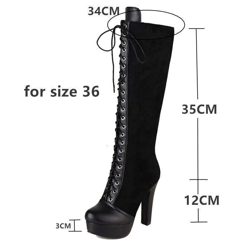 Vintage Lace Up Knee Women Winter Platform Heels Women's High Boots Black Khaki Tall Long Shoes Large Size