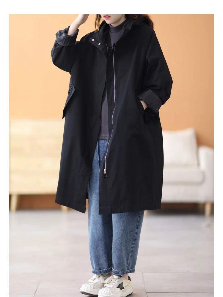 Loose Casual Hooded Womens Coat Korean Sle MidLength Windbreaker Outerwear Autumn Winter Arrival Single Tag Label 250805