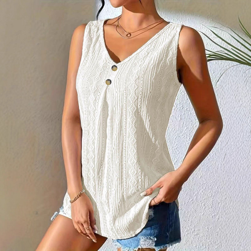 Summer Hollow Jacquard Vest Fashion Loose V-neck Button Sleeveless Top Women's Clothing