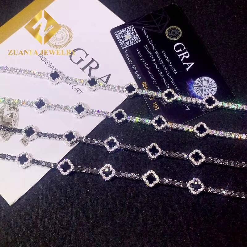 Fine Jewelry Moissanite Tennis Chain 925 Sterling Silver 3mm Black White Moissanite Clover Tennis Bracelet