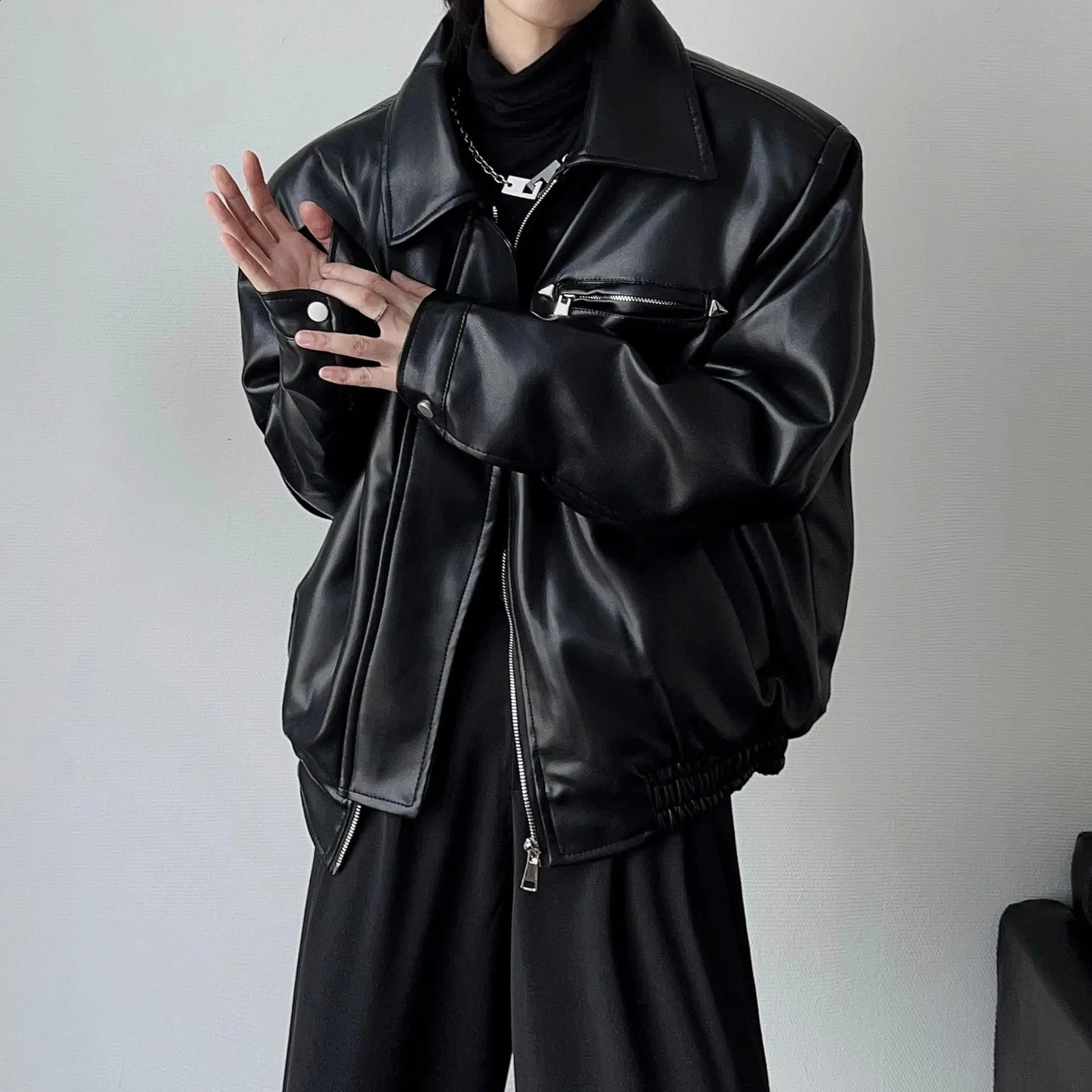 American PU Leather Coat Bomber Jacket Men Autumn Mens Lapel Zipper Biker Clothing Streetwear 250814