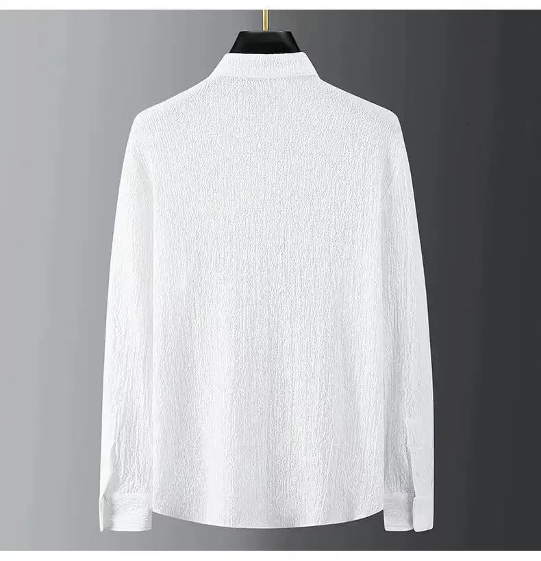 Spring Summer Fashion Suit Men Long Sleeve Casual Shirts And Pant Seersucker Striped Pleats Slim Handsome Twopiece Set 250814