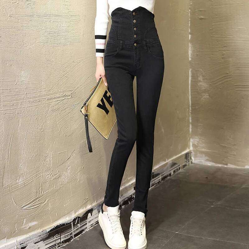 Sexy Super High Waist Skinny Pencil Jeans Women Streetwear Button Fly Denim Pants Korean Stretch Vaqueros Big Size 36 Pantalones