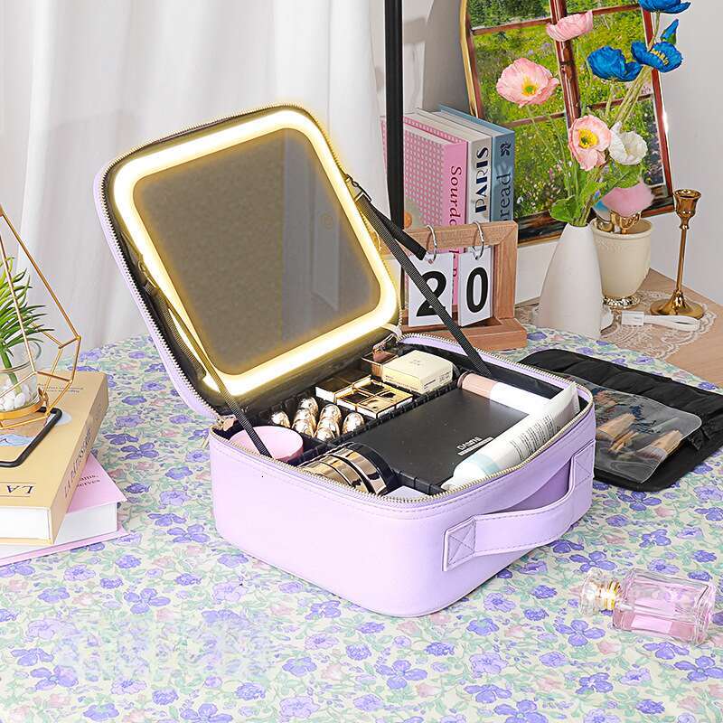DHcollections Lighted Makeup Case - Large Cosmetic Organizer with LED Mirror, USB Port & Waterproof PU Leather (2 Sizes, Travel-Friendly)