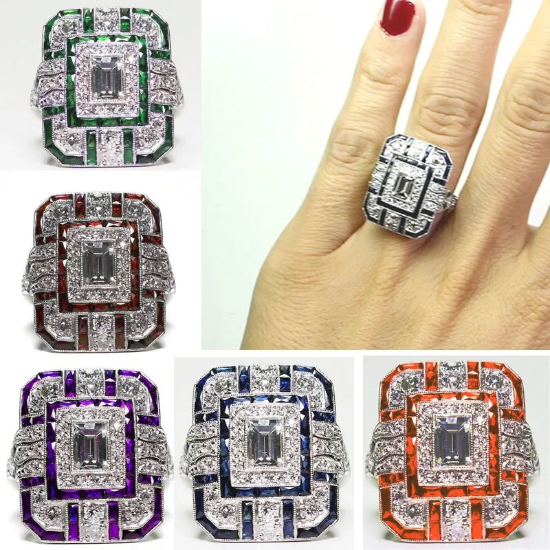 Milangirl 5 Colors Tectangle Geometric Sparkling Zircon Rhinestone Crystal Metal Ring for Women Wedding Party Jewelry 250811