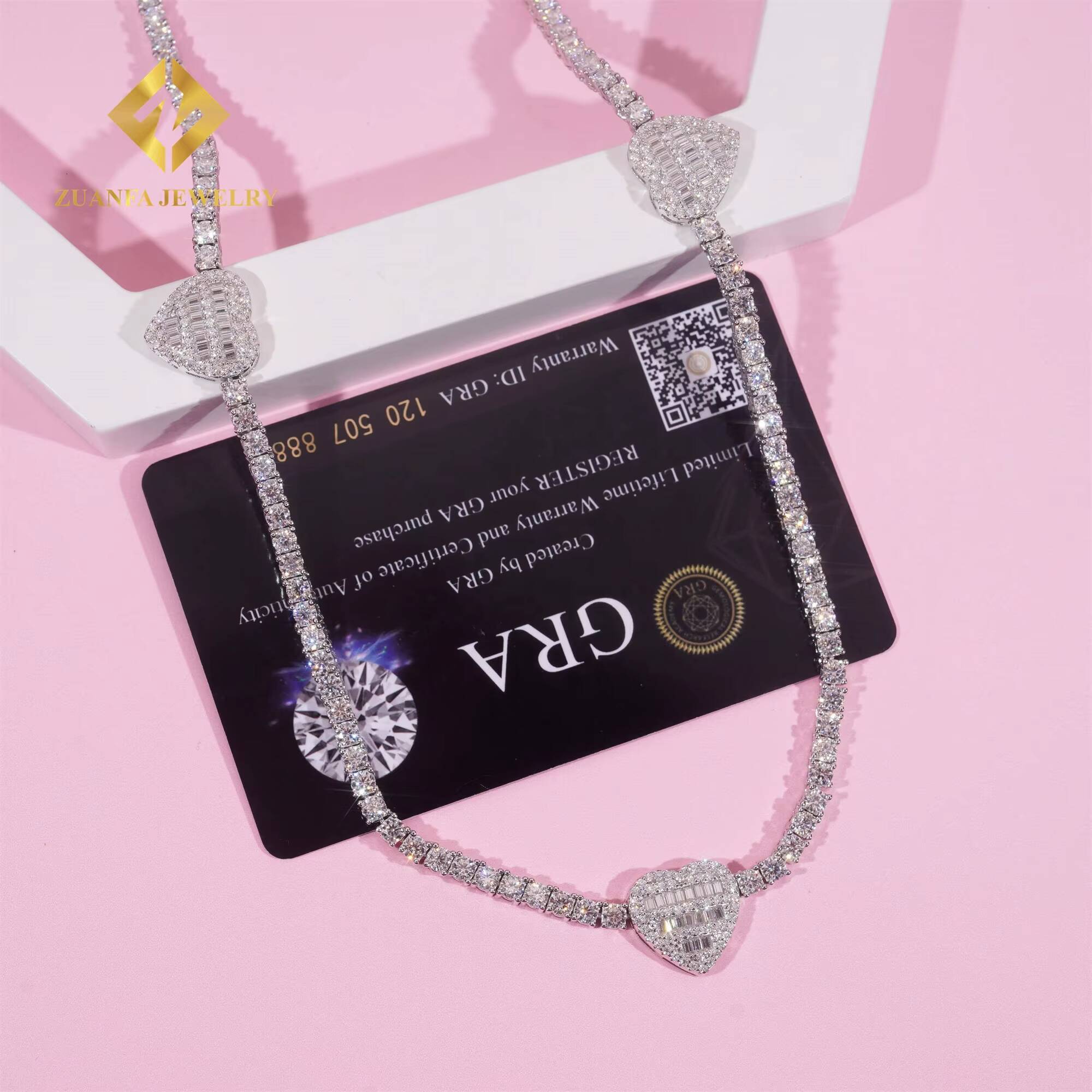 GRA Certificate Elegant Women Gift Jewelry 3mm 925 Sterling Silver Iced Out VVS1 Moissanite Diamond Heart Cluster Tennis Chain