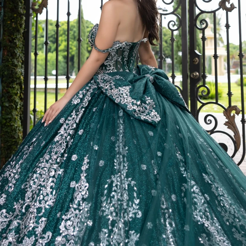Blackish Green Shiny Ball Gown Quinceanera Dresses Spagheti Strap Sequin Applique Lace Beads Tull Party Birthday Vestidos 15 Anos Sweet 16 Dress