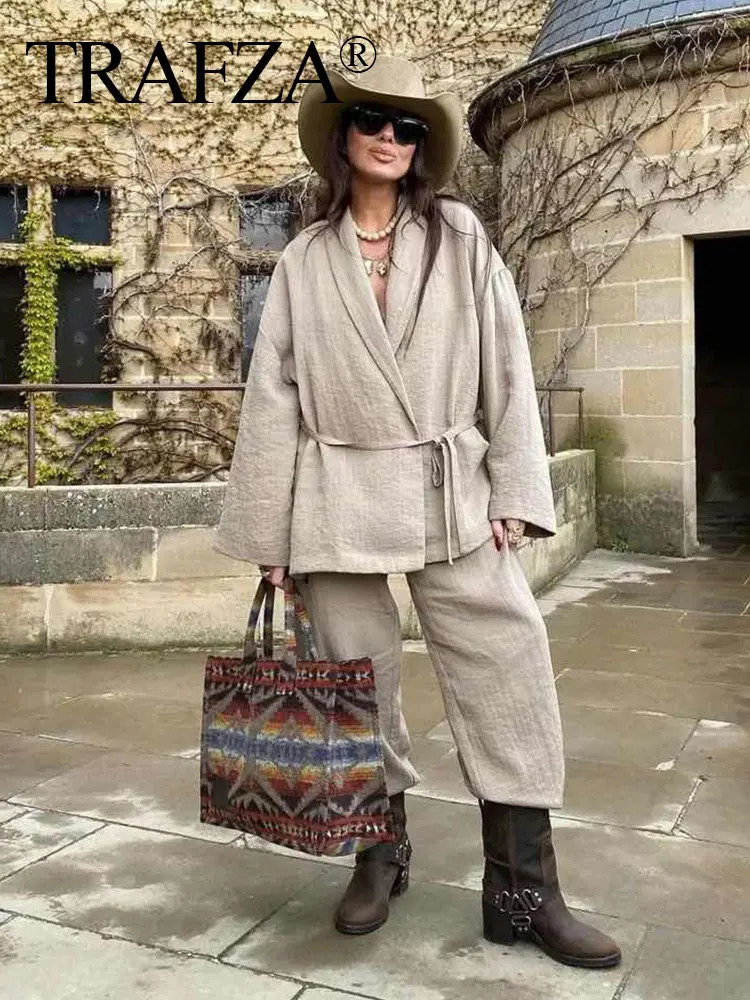 TRAFZA Women Loose Wide Leg Pant Set Fashion Lapel V Neck Long Sleeve Thin Blazer Coat With Belt Summer Ladies Solid Suit 250814