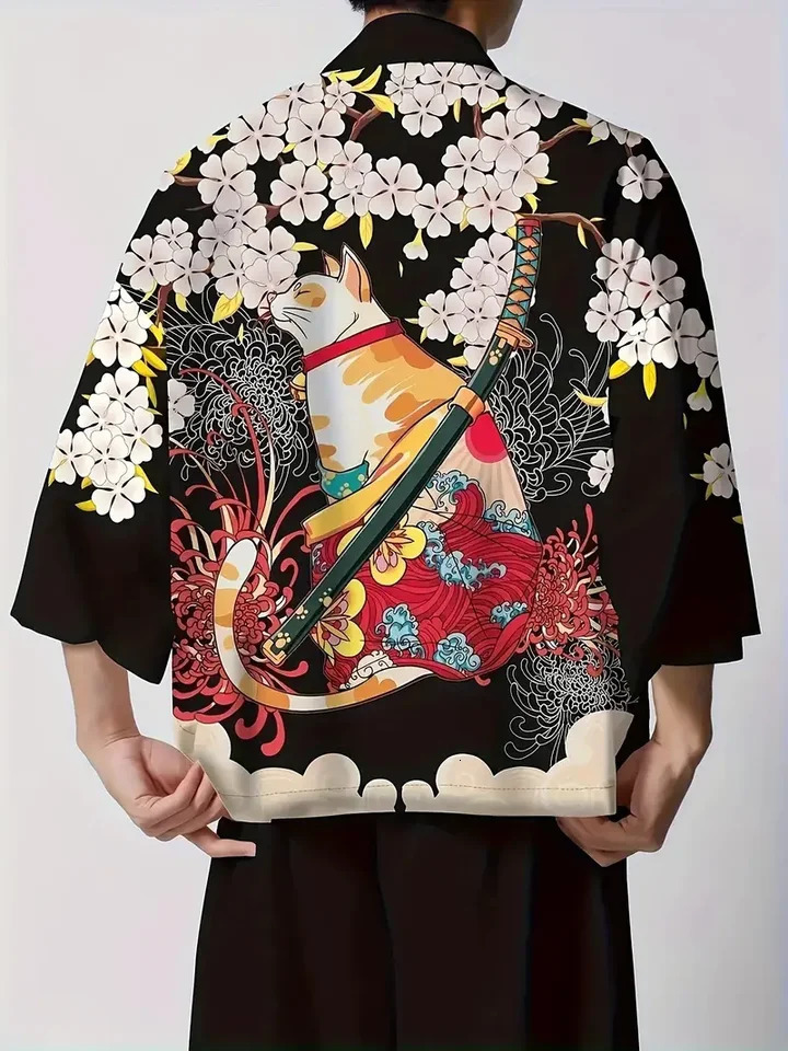 Flower Cat 3D Graphic Print Mens Spring Summer Shirt Japanese Kimono Retro Casual Cardigan Top Creative Gift for Man 250804