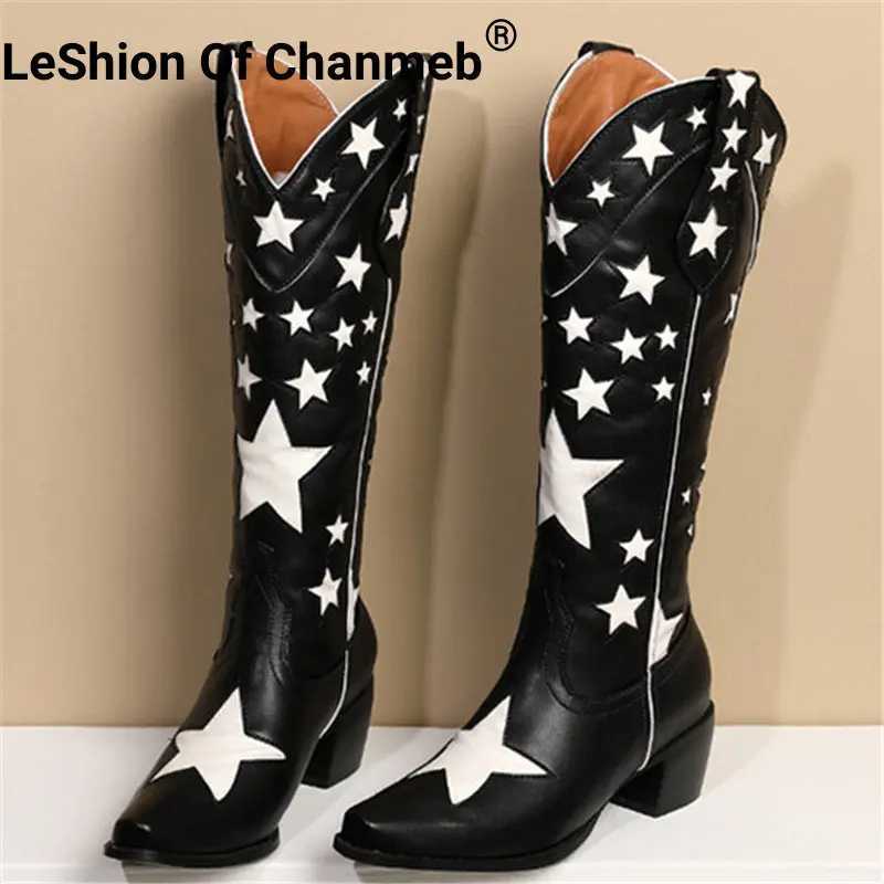 Vintage Trend Star Western Cowboy Boots Women Medium Block Heels Pull-on Cowgirl Boot Woman Autumn Winter Shoes 2025 Fall Winter