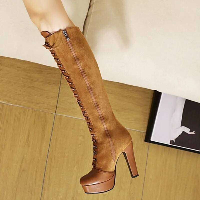 Vintage Lace Up Knee Women Winter Platform Heels Women's High Boots Black Khaki Tall Long Shoes Large Size