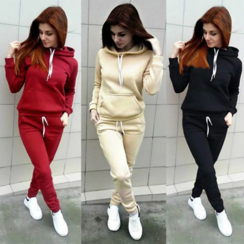 Solid Women Tracksuit Casual Hoodies Sweatshirt Pant Set Lounge Wear Sport Suit 2PCS Autumn Winter Clothes 250814
