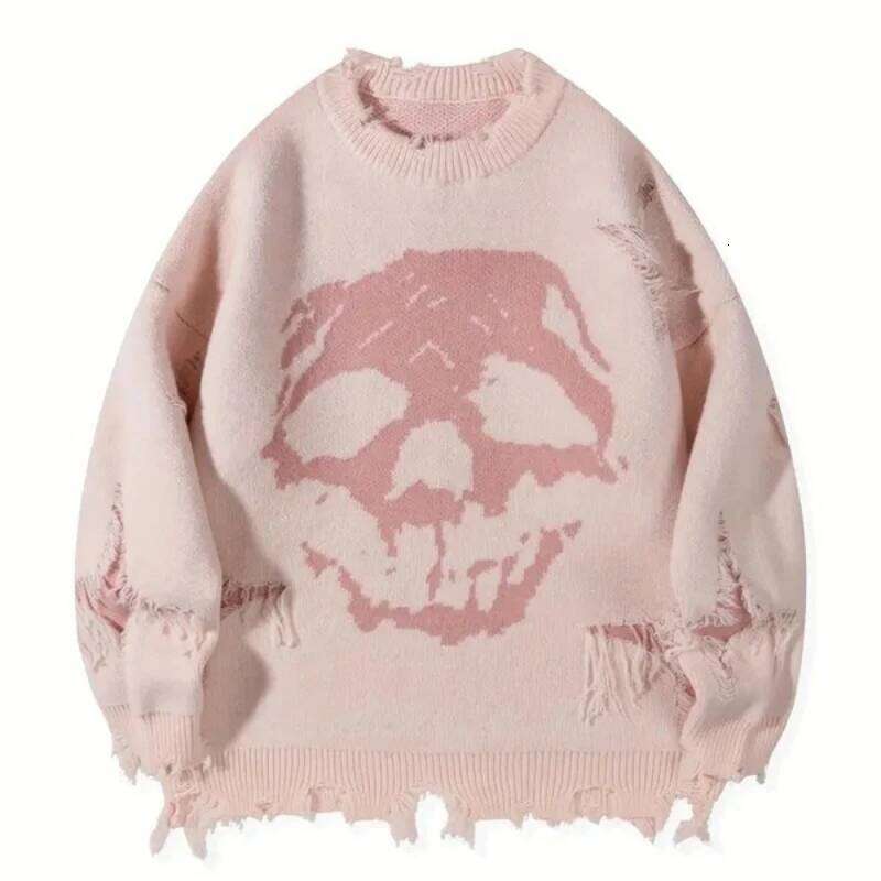 Y2k Round Neck Long Sleeved Knitted Sweater Vintage Streetwear Dark Cry Skull Jacquard Pattern Top Sweatshirt Winter Outfit Ootd
