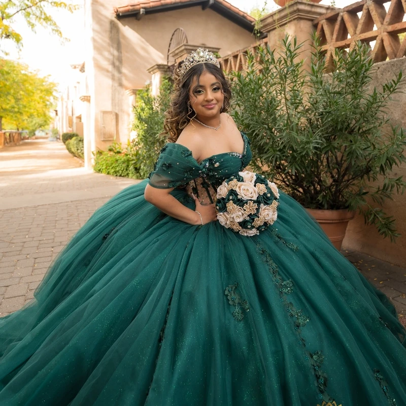Blackish Green Shiny Princess Sweet 16 Quinceanera Dresses Off The Shoulder Applique Lace Beads Tull Party Birthday Vestides De