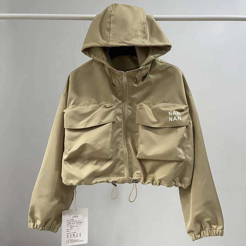 Autumn Oversized Cargo Hooded Windbreaker Black Short Cropped Zipper Outdoor Jackets Outwear Bomber Coat Khaki