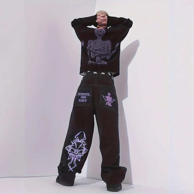 Men's Jeans Fully Embroidered High Street Hip Hop Fashionable Loose Straight Leg Wide Pants