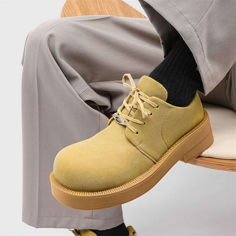 Derby Men's Low Top Platform Big Yellow Boots Round Head Leather Shoes