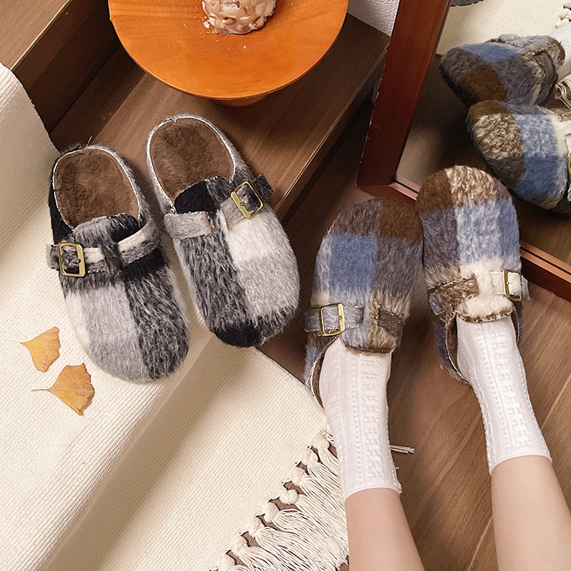 free shipping designer Slippers Autumn and winter new vintage flat shoes plush insulation and color blocked cotton slippers