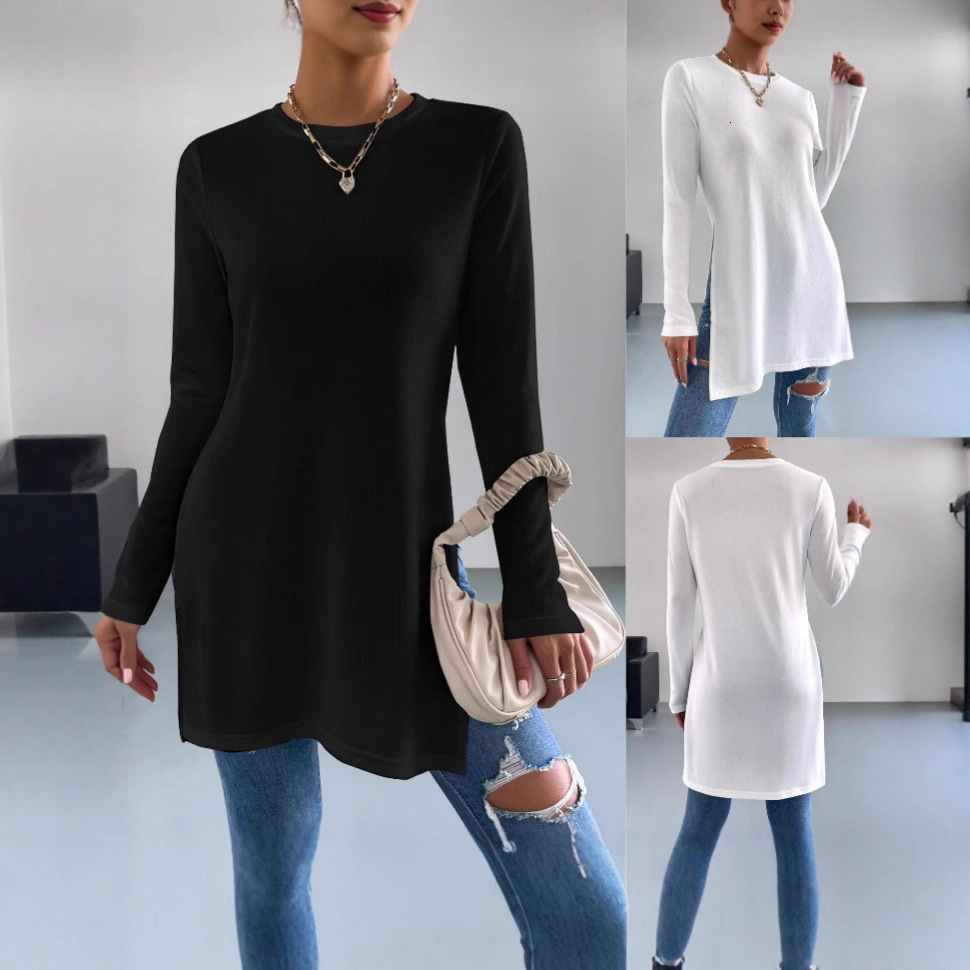 Women's Sleeve Top Solid Color Hem Split Long Version T-Shirt for Women