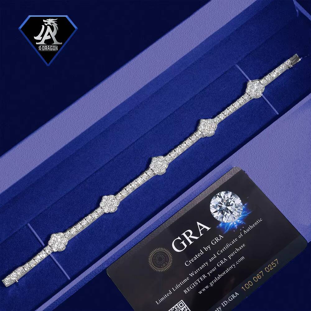 New Arrival S925 Silver D Color 3mm Moissanite Flower Tennis Chain Unisex Hip Hop Bracelet