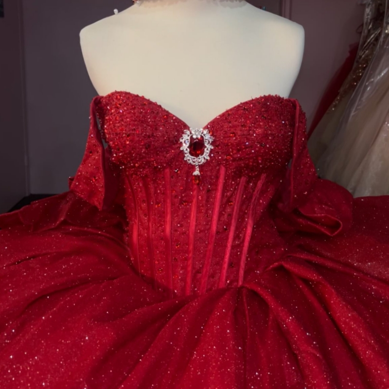 Red Shiny Princess Sweet 16 Dress Dress Quinceanera Dresses Beads Bow Corset Tull Party Birthday Vestido De 15 Anos Ball Gowns