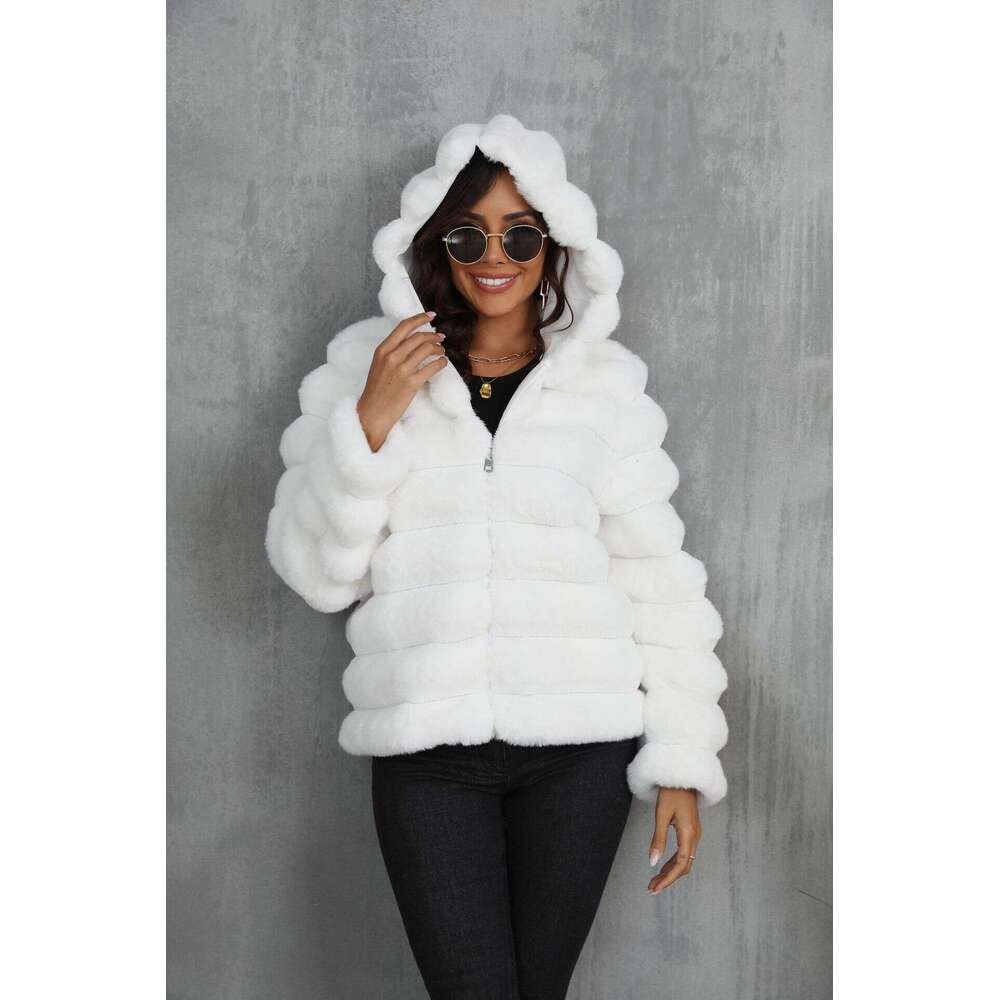 Faux Fur Women Coats Hooded Full Sleeve Short Coat Zipper Thick Warm Solid Temperament Elegant Splice Autumn Winter