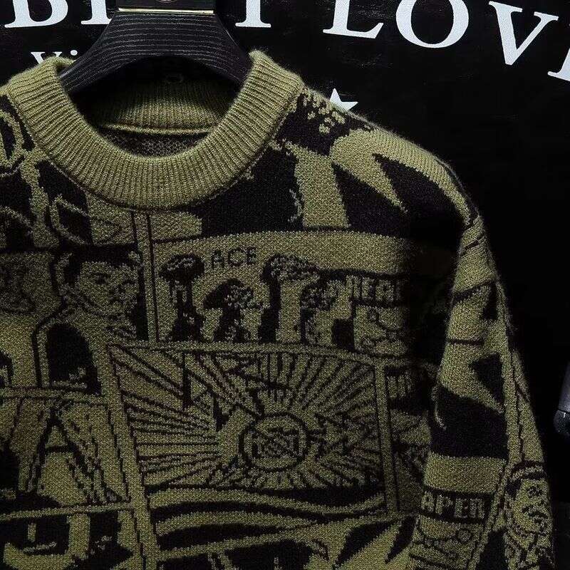 Men's Cartoon Jacquard Trendy Brand Bottoming Shirt Long Sleeve Inner Top 2024 New Autumn And Winter Loose Sweater