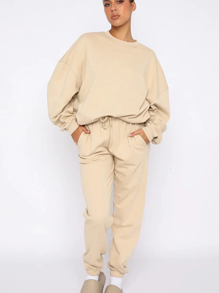 Autumn womens casual suit solid color long sleeve crewneck hoodie laceup pocket pants winter twopiece set 250814