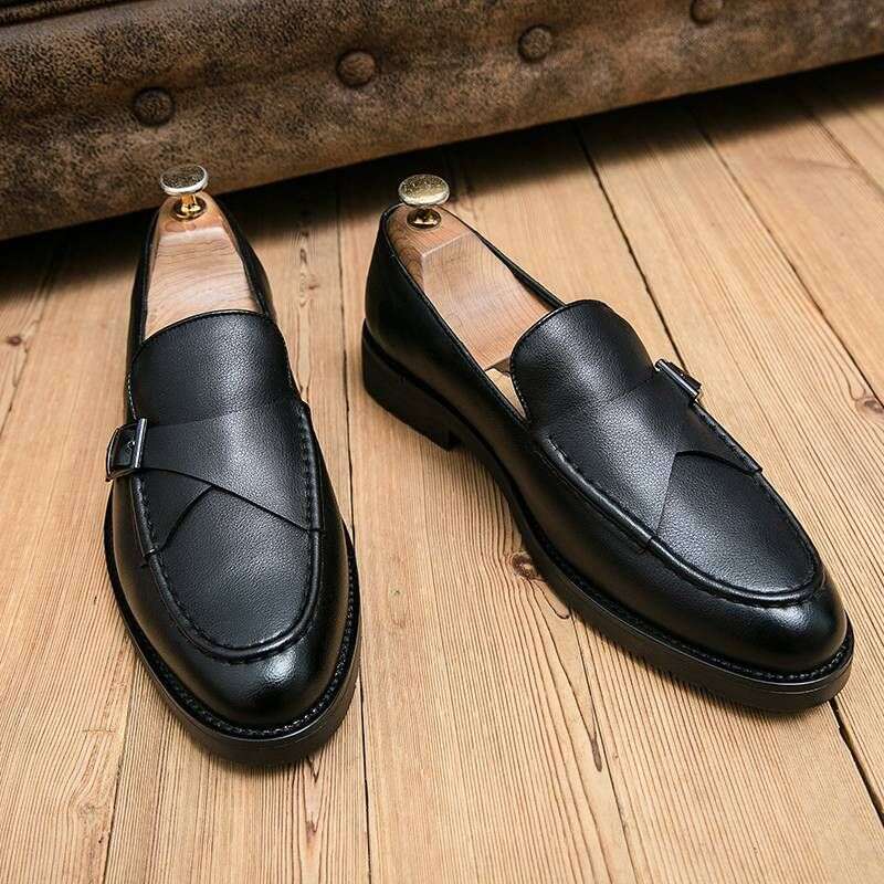 Fashionable Formal Men Lightweight Outdoor Loafers Thick Soled Wear-resistant Leather Shoes Black Sizes38-44