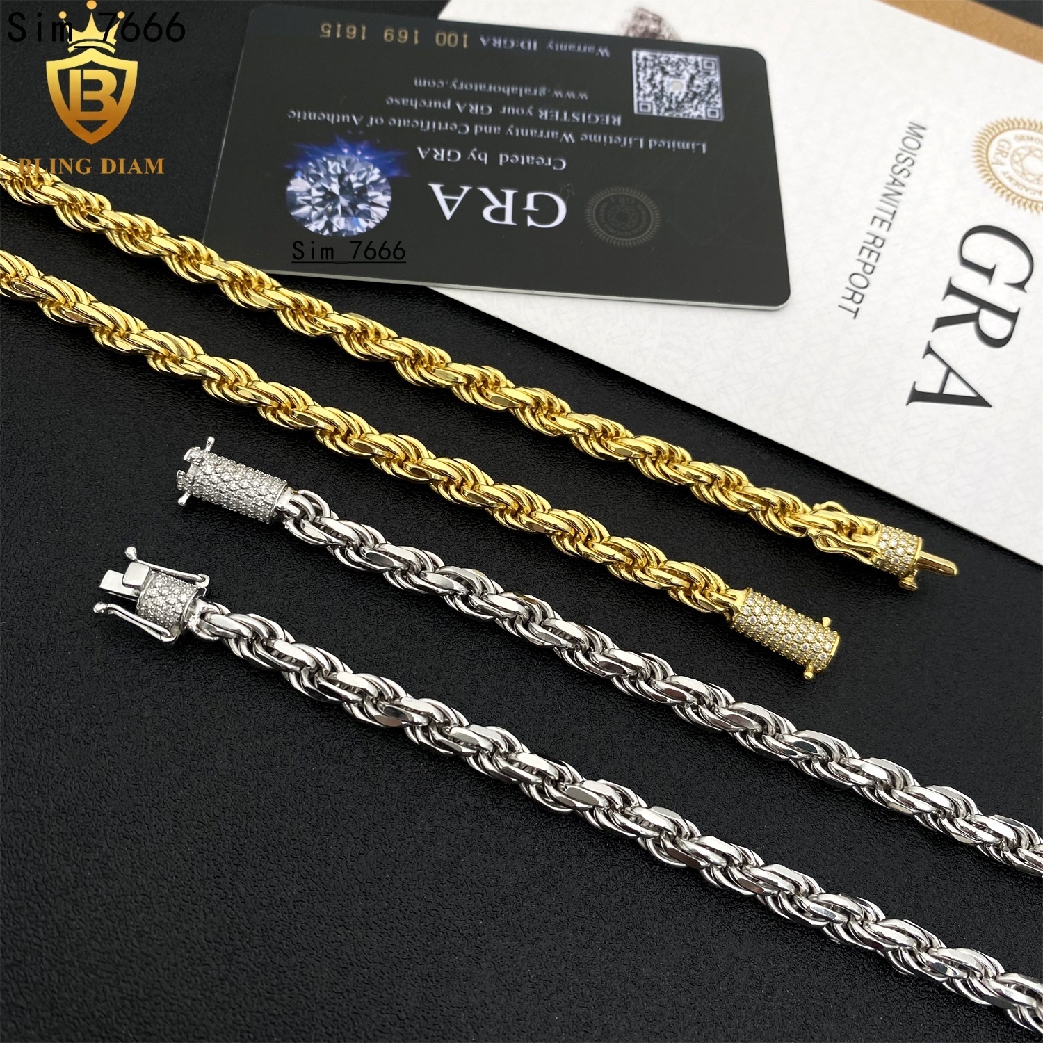 6mm Factory Low Price Hip Hop Jewelry 925 Silver Vvs Moissanite Rope Chain Stainless Steel Necklace