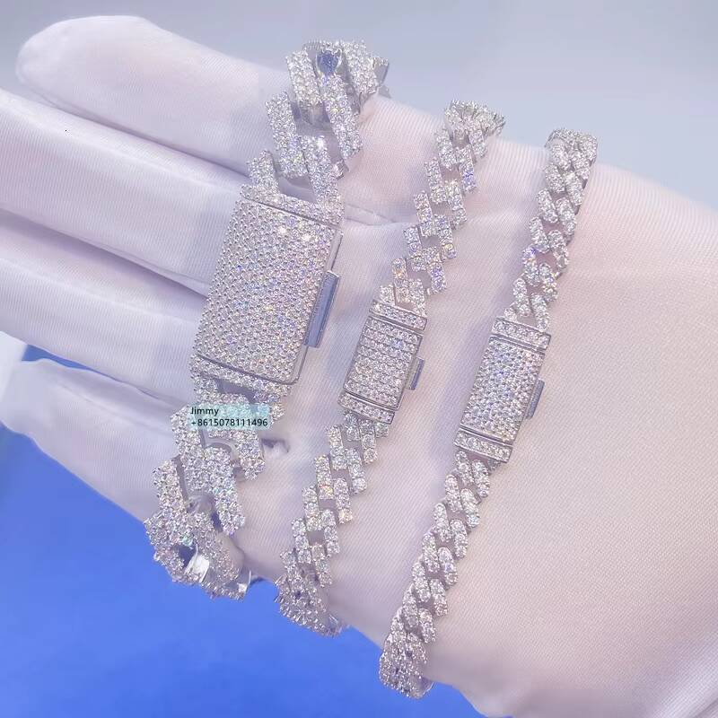 Hip Hop Style Iced Out Jewelry 6mm 8mm 10mm 12mm 15mm Width 925 Sterling Silver VVS Moissanite Cuban Link Chain Bracelet