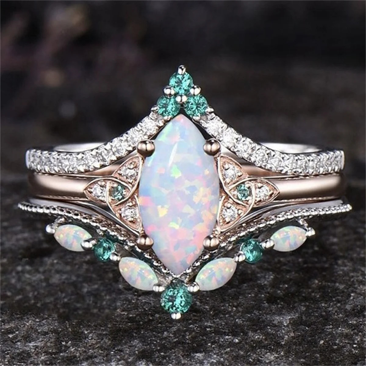 3Pcs/Set Fashion Rose Gold Color Rhinestone Opal Rings For Women Green Crystal Rings Set Wedding Engagement Jewelry Gifts 250811