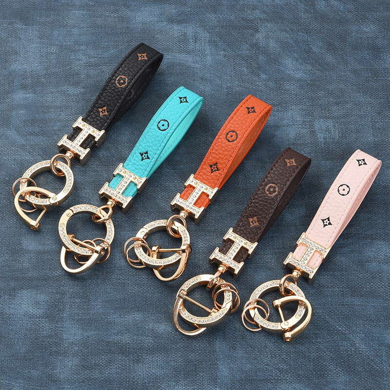 New Style Dia-Encrusted Zinc Alloy Car Woven Metal Key Ring Accessories Chain Leather Rope Keychain