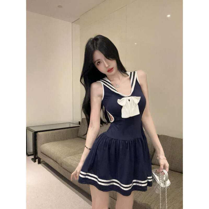 Sexy College - Style Pleated Dress Hollow Out Back Bow Accent Sailor Collar Y2K Aesthetic for Daily Date Nightsv