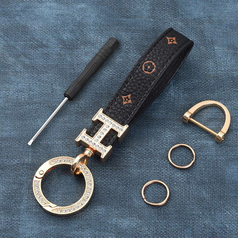 New Style Dia-Encrusted Zinc Alloy Car Woven Metal Key Ring Accessories Chain Leather Rope Keychain