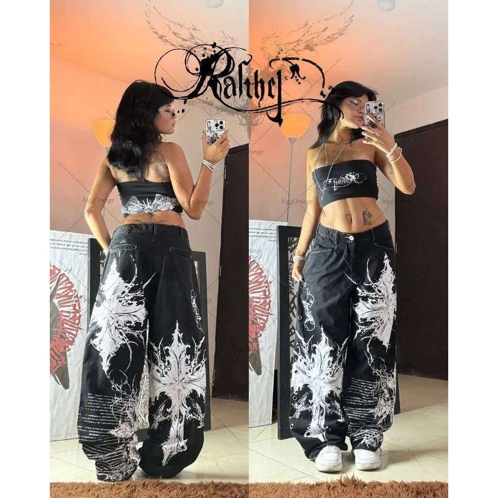 American Hip-hop Haruku Retro Trendy Brand Oversized Washing Jeans Women Y2K Gothic Punk Street Casual Loose Wide-leg Pants