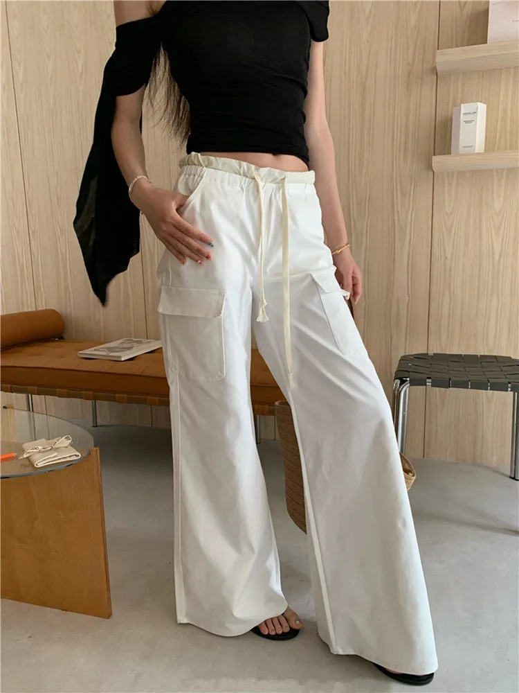 American Retro Casual Low Rise Drawstring Cargo Pants Y2K Streetwear Solid Pocket Straight Trousers Female 250808