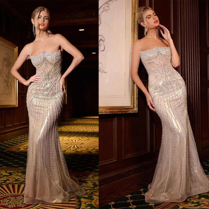 Illusion Sleeveless Mermaid Evening Dress Strapless Beading Lace Prom Gowns Sheath Floor Length Party Dresses Customized