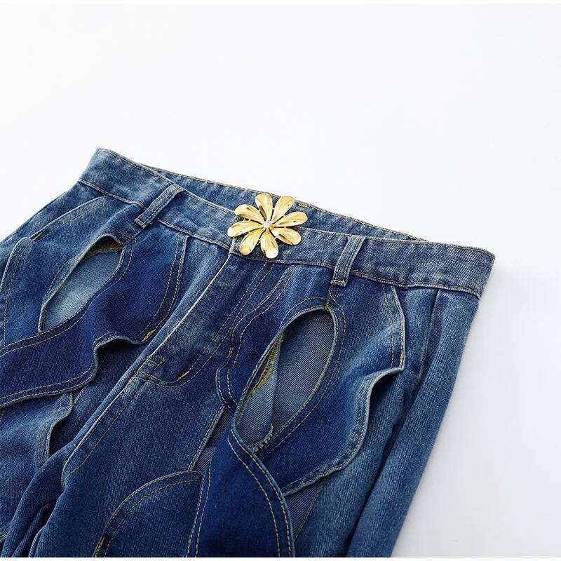 Talenza Summer High Waist Casual Patchwork Sexy Hollow Button Jeans Loose Fashion Streetwear Y2k Women's Pants