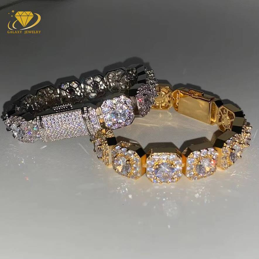 Custom Jewelry Hip Hop Sterling 925 Silver Gold Plated 10mm Cluster Diamond Mossanite Tennis Bracelet for Accessories Women