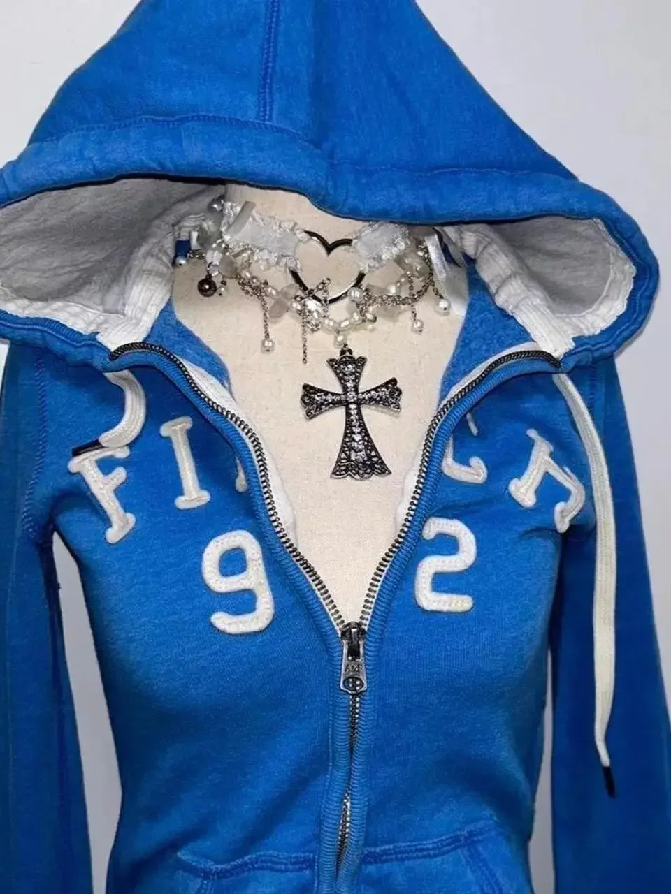 blue sweatshirt for women fall and winter gothic American retro casual bulk streetwear Y2K n Slim cardigan jacket 250814