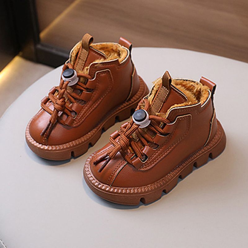 Winter Kids Snow Boots Thick Plush Warm Boys Cotton Shoes Kidsnest Fashion Toddler Leather Boots Waterproof Children Short Boots Sizes 21 - 30 US 5C-1