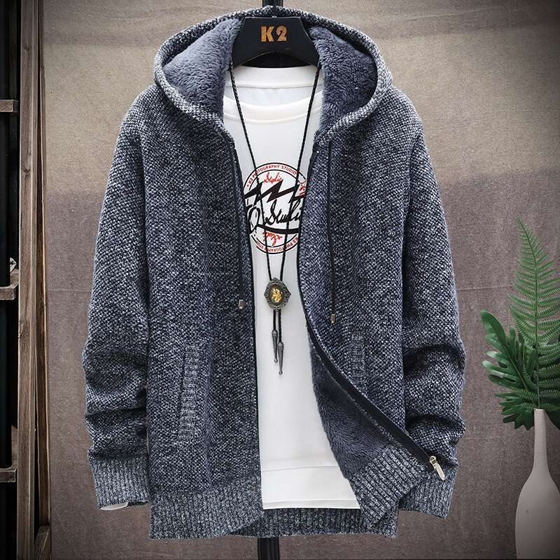 Men's Clothing Fleece Plus-Size Sweater Hooded Cardigan Zipper Knit Coat