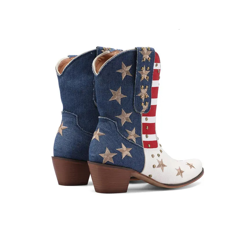 Womens Cowboy Western Boots USA Flag Ankle Booties Denim Studded Rivets Embroidery Stars Stripes Heeled Shoes Footwear 250809