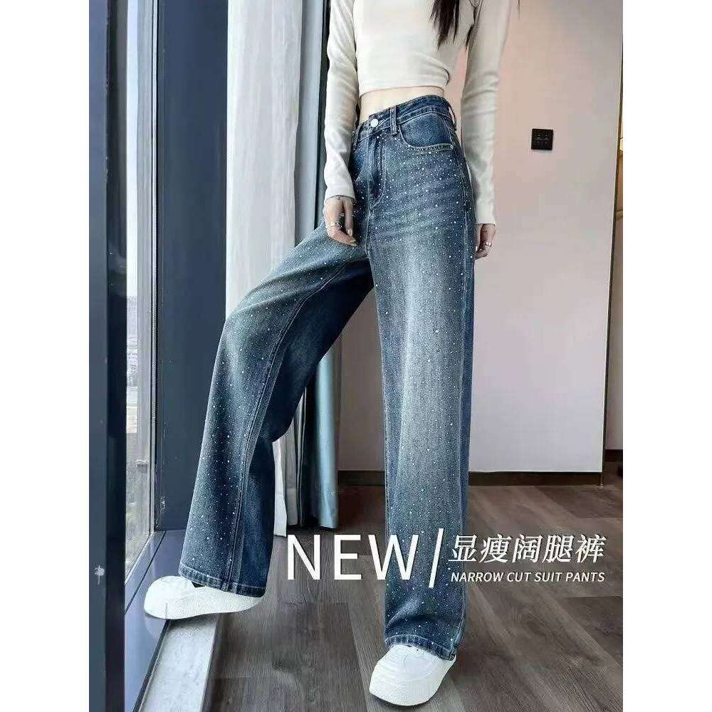 Autumn Clothing Rhinestone Pendant Design High Waist Wash Jeans Women's Loose Slimming Straight-Leg Pants