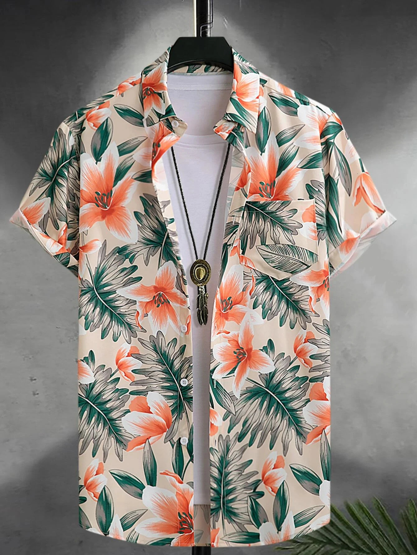 Hawaiian color coconut tree print lapel fashion mens shirt 2024 seaside resort casual style shortsleeved 250804
