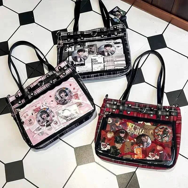 Women Fashion Checkered Pattern Retro Ita Cute Girl Transparent Large Capacity Tote DIY Display Handbag New Shoulder Bag