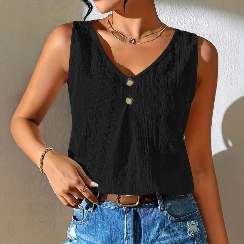 Summer Hollow Jacquard Vest Fashion Loose V-neck Button Sleeveless Top Women's Clothing