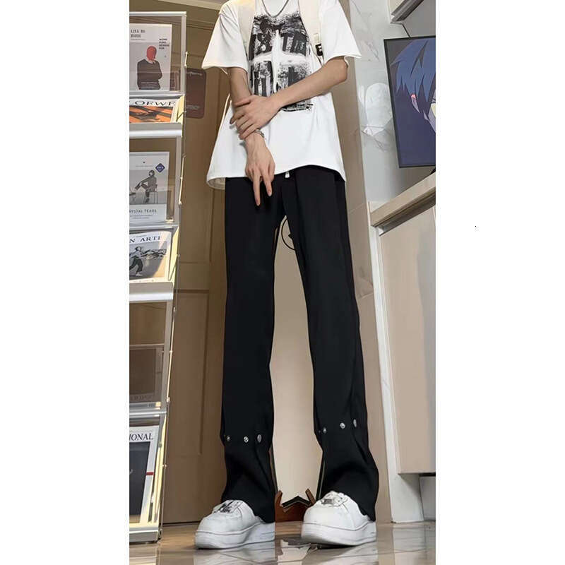 Black Ice Silk Trousers With Draped Effect, High-End Feel, Leg-Lengthening For Tall Men, Extended Slim-Fit Straight-Leg Flared Pants B5